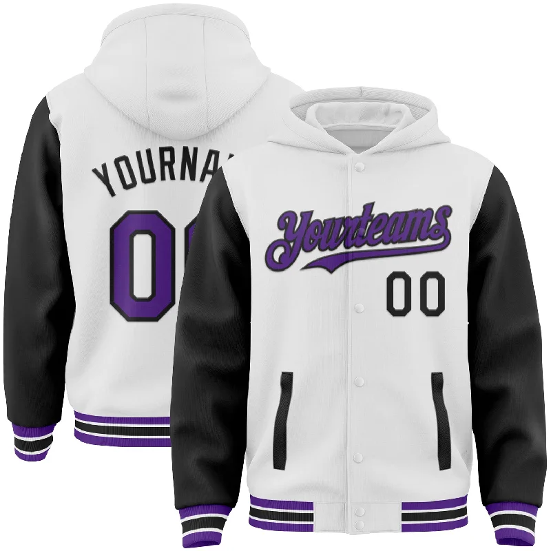 Fishing rod shore mount-Custom White Purple-Black Bomber Full-Snap Varsity Letterman Two Tone Hoodie Jacket