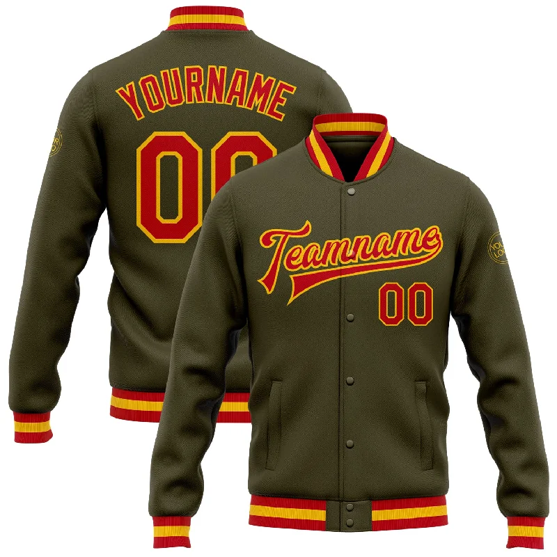 Fishing reel balanced grip-Custom Olive Red-Gold Bomber Full-Snap Varsity Letterman Salute To Service Jacket