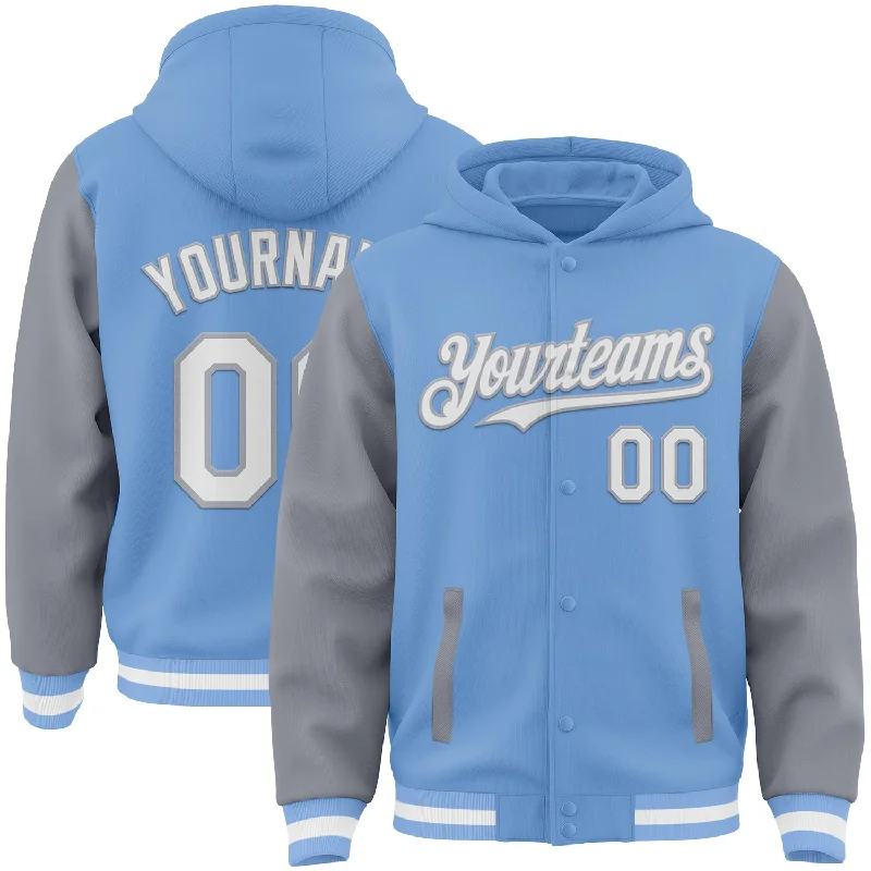 Fishing line cast strength-Custom Light Blue White-Gray Bomber Full-Snap Varsity Letterman Two Tone Hoodie Jacket