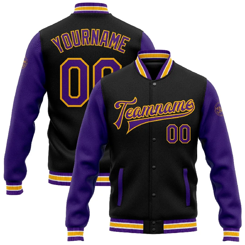 Fishing rod surf strap-Custom Black Purple-Gold Bomber Full-Snap Varsity Letterman Two Tone Jacket