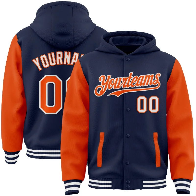 Fishing bait scent injector-Custom Navy Orange-White Bomber Full-Snap Varsity Letterman Two Tone Hoodie Jacket