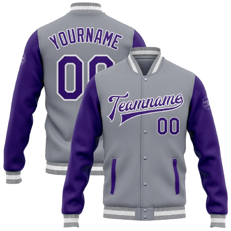 Fishing tackle travel tray-Custom Gray Purple-White Bomber Full-Snap Varsity Letterman Two Tone Jacket