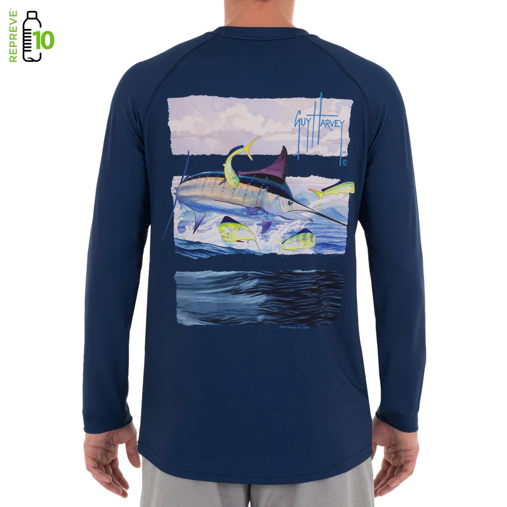 Fishing line thin cast-Guy Harvey Men's Marlin Stripes Raglan Sleeve Sun Protection Top Estate Blue