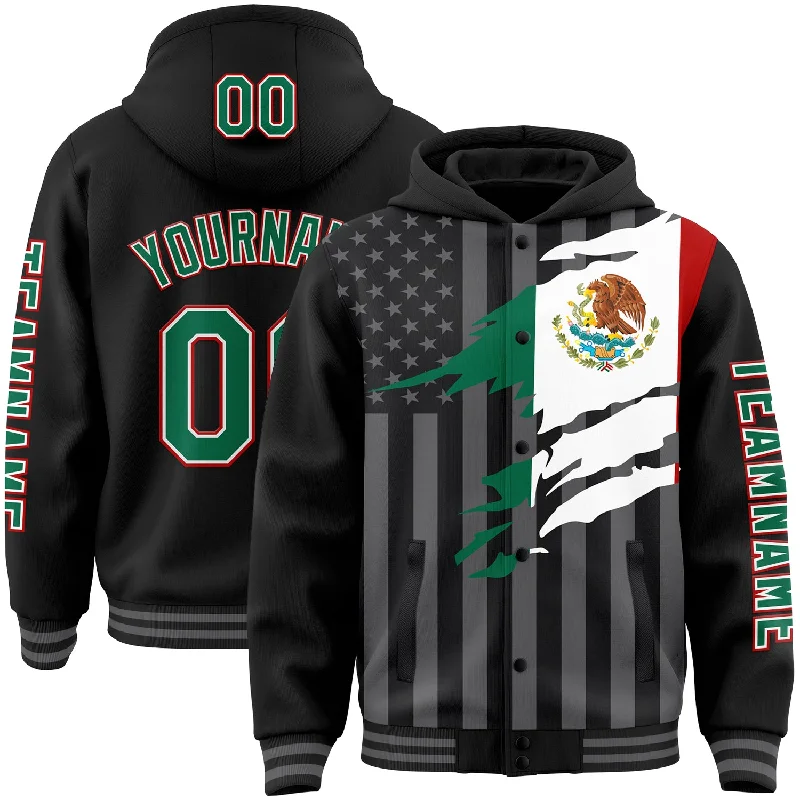 Fishing line cast precision-Custom Black Kelly Green Red-Gray Mexico Mexican Flag 3D Bomber Full-Snap Varsity Letterman Hoodie Jacket