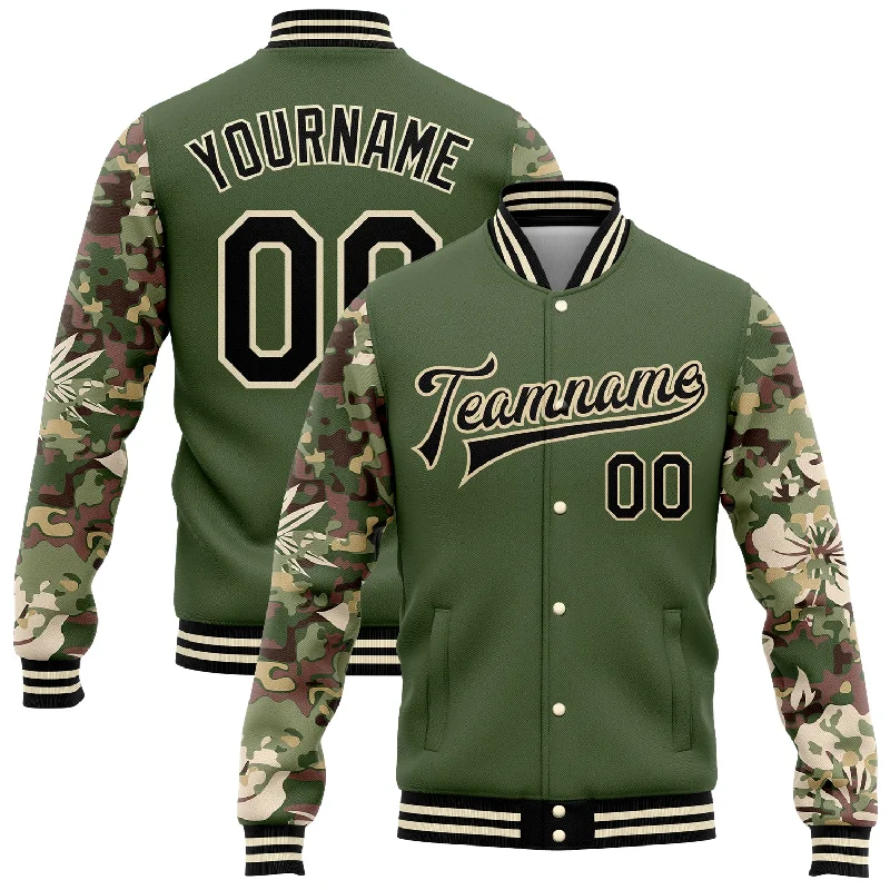 Fishing line fast action-Custom Olive Black-Cream Hawaii Palm Leaves Camo Sleeves 3D Bomber Full-Snap Varsity Letterman Salute To Service Jacket