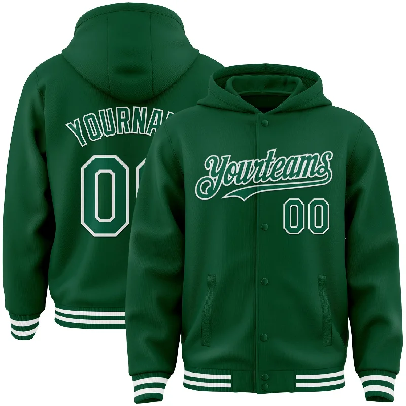 Fishing hook fast tie-Custom Kelly Green White Bomber Full-Snap Varsity Letterman Hoodie Jacket