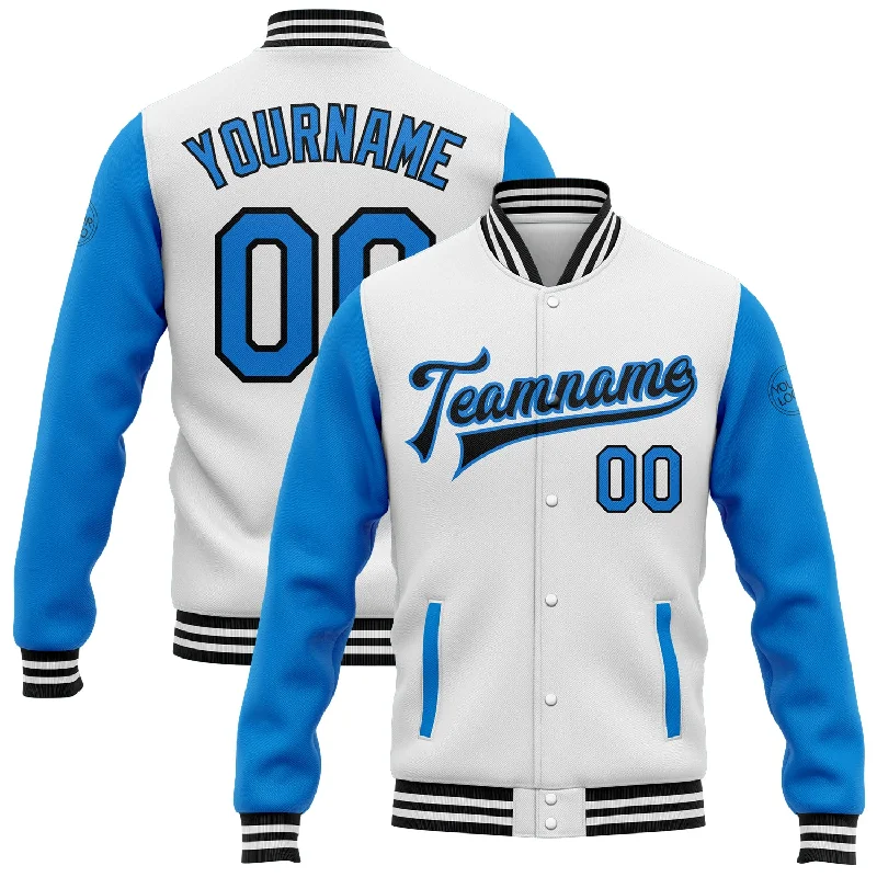 Fishing line cast smooth-Custom White Powder Blue-Black Bomber Full-Snap Varsity Letterman Two Tone Jacket