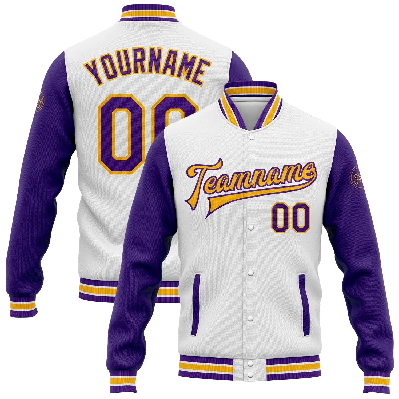 Fishing line smooth tension-Custom White Purple-Gold Bomber Full-Snap Varsity Letterman Two Tone Jacket