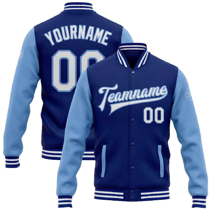 Fishing reel high control-Custom Royal White-Light Blue Bomber Full-Snap Varsity Letterman Two Tone Jacket