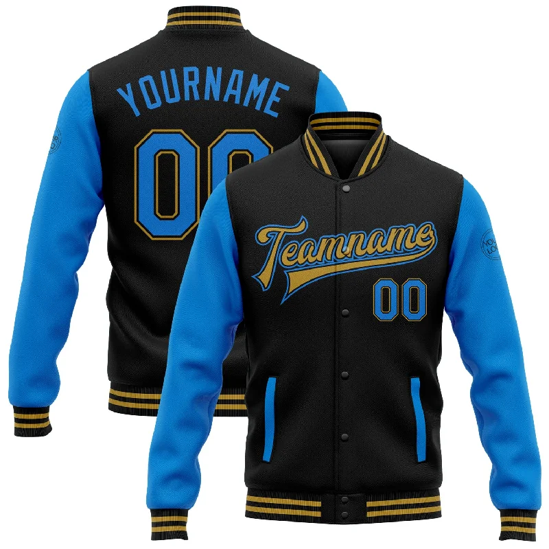 Fishing tackle side pouch-Custom Black Powder Blue-Old Gold Bomber Full-Snap Varsity Letterman Two Tone Jacket