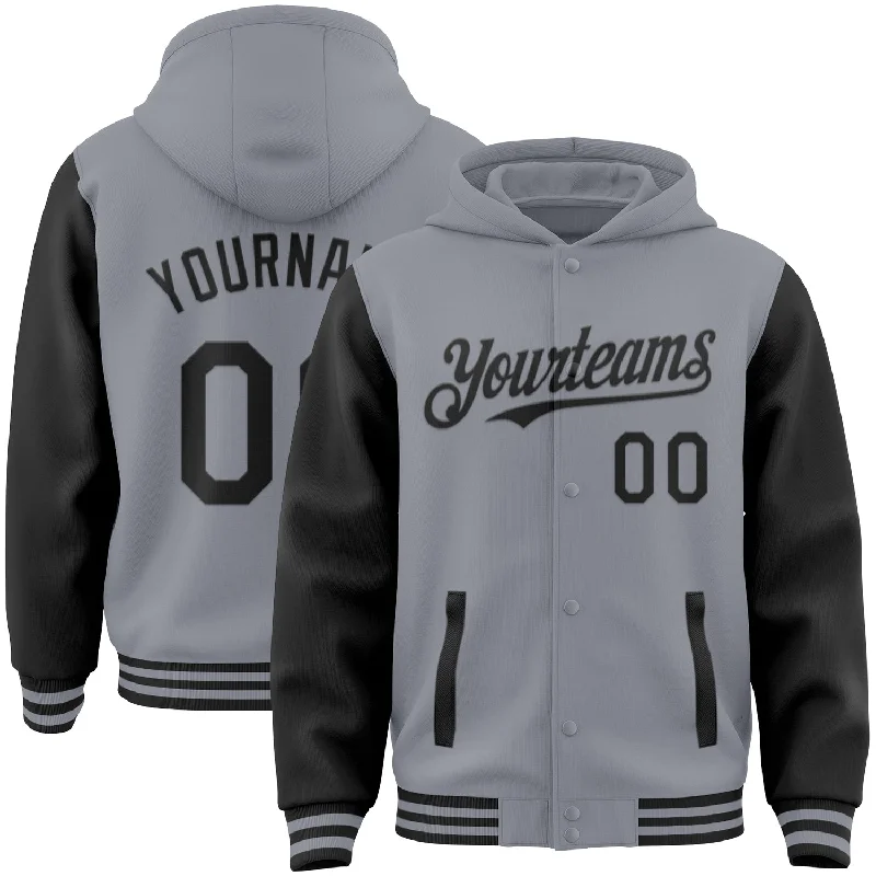 Fishing tackle carry mount-Custom Gray Black Bomber Full-Snap Varsity Letterman Two Tone Hoodie Jacket