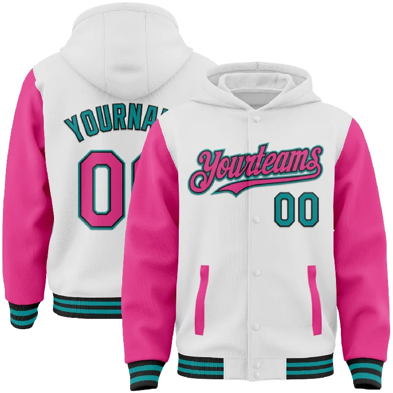 Fishing tackle stackable case-Custom White Pink Black-Teal Bomber Full-Snap Varsity Letterman Two Tone Hoodie Jacket