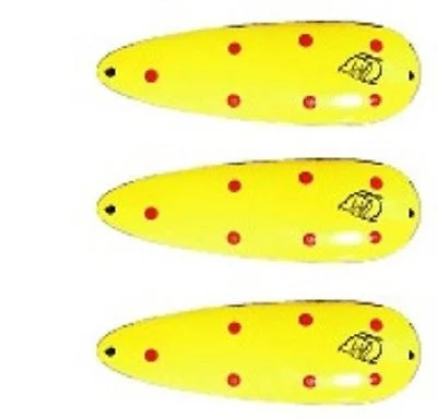 Fishing tackle travel rack-Three Eppinger Huskie Junior Chartreuse Red Dots Fishing Spoon 2 oz 4 1/2" 7-28