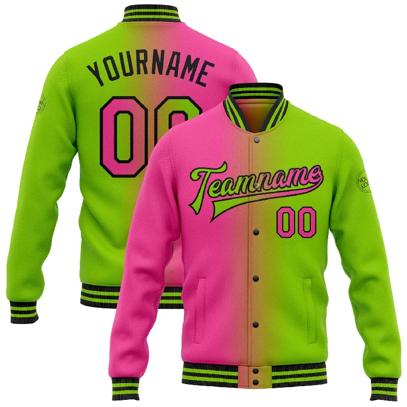 Fishing rod ice combo-Custom Neon Green Pink-Black Bomber Full-Snap Varsity Letterman Gradient Fashion Jacket