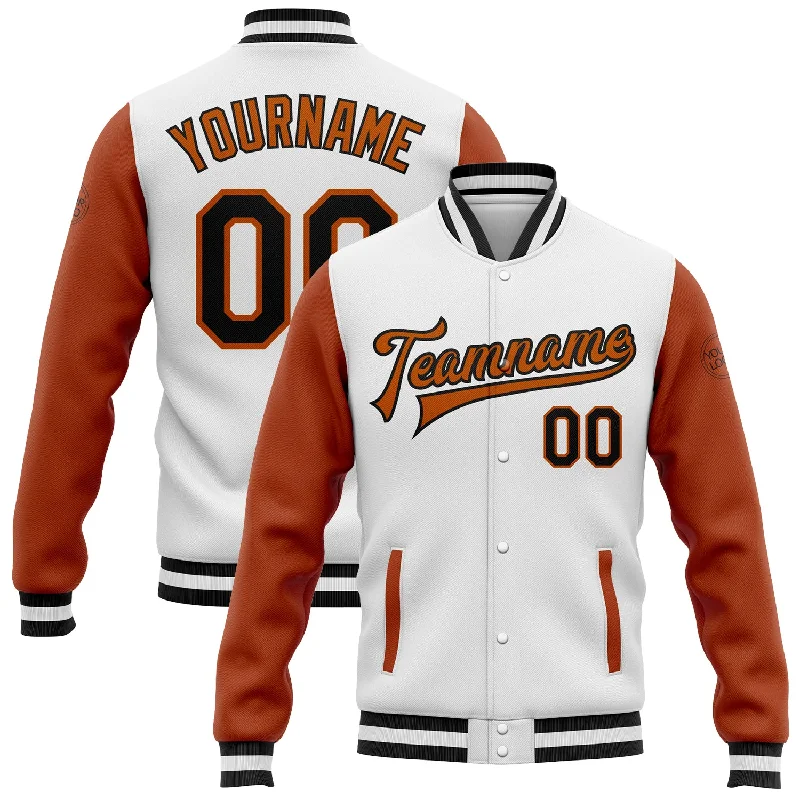 Fishing hook rust shield-Custom White Black-Texas Orange Bomber Full-Snap Varsity Letterman Two Tone Jacket