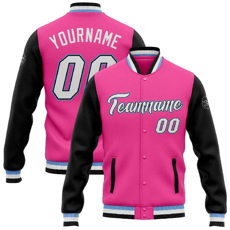 Fishing bait floating rig-Custom Pink White Black-Light Blue Bomber Full-Snap Varsity Letterman Two Tone Jacket