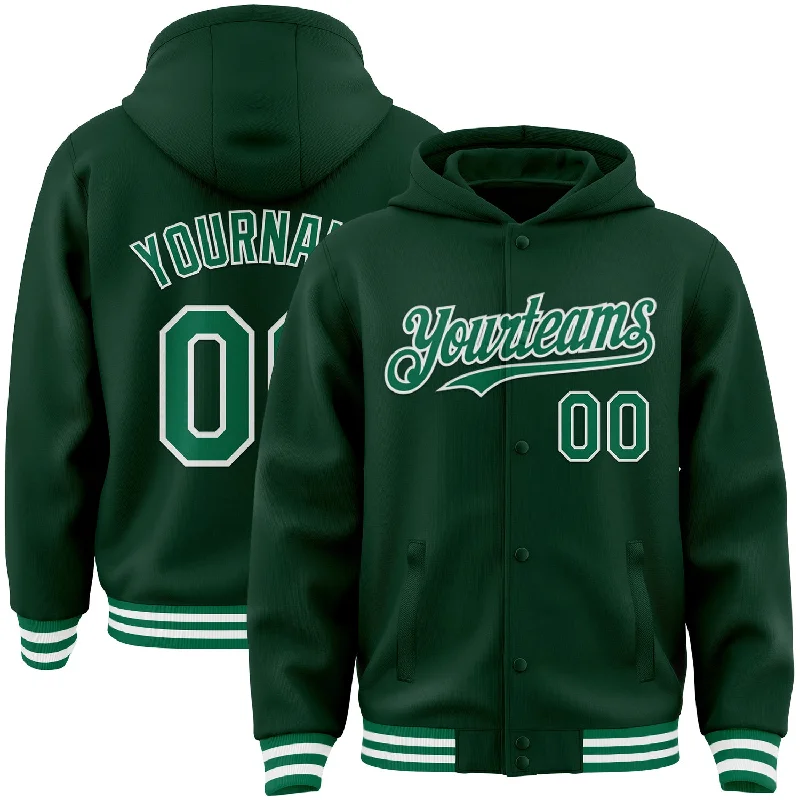 Fishing line quick spool-Custom Green Kelly Green-White Bomber Full-Snap Varsity Letterman Hoodie Jacket