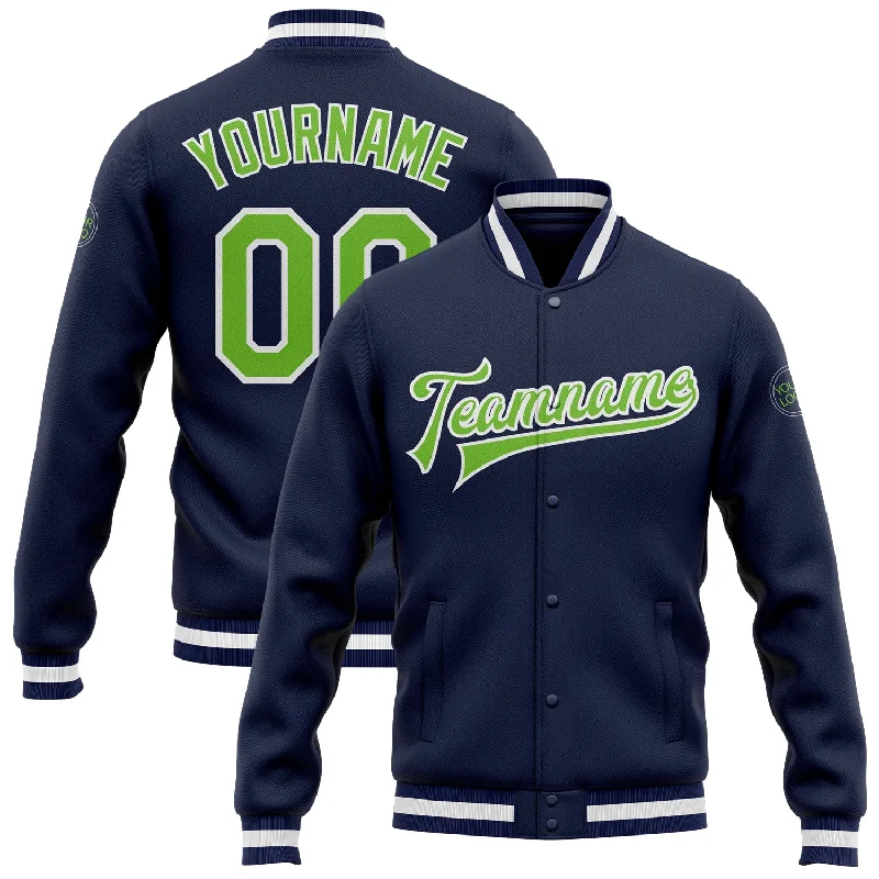 Fishing rod surf mount-Custom Navy Neon Green-White Bomber Full-Snap Varsity Letterman Jacket