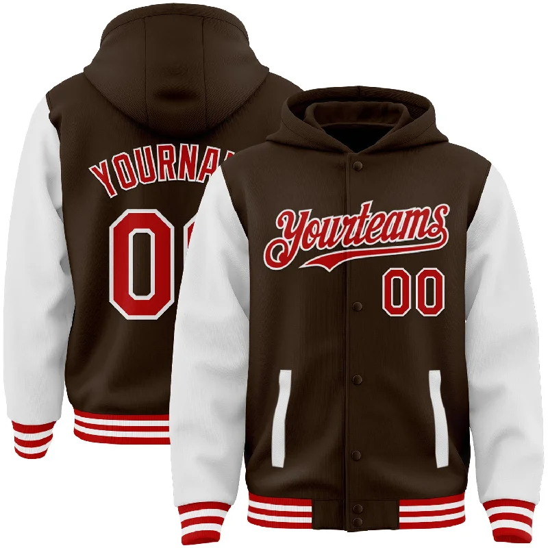 Fishing tackle stackable mount-Custom Brown Red-White Bomber Full-Snap Varsity Letterman Two Tone Hoodie Jacket