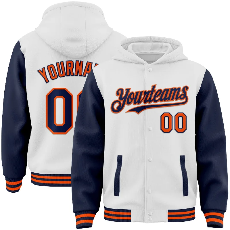 Fishing tackle travel case-Custom White Navy-Orange Bomber Full-Snap Varsity Letterman Two Tone Hoodie Jacket