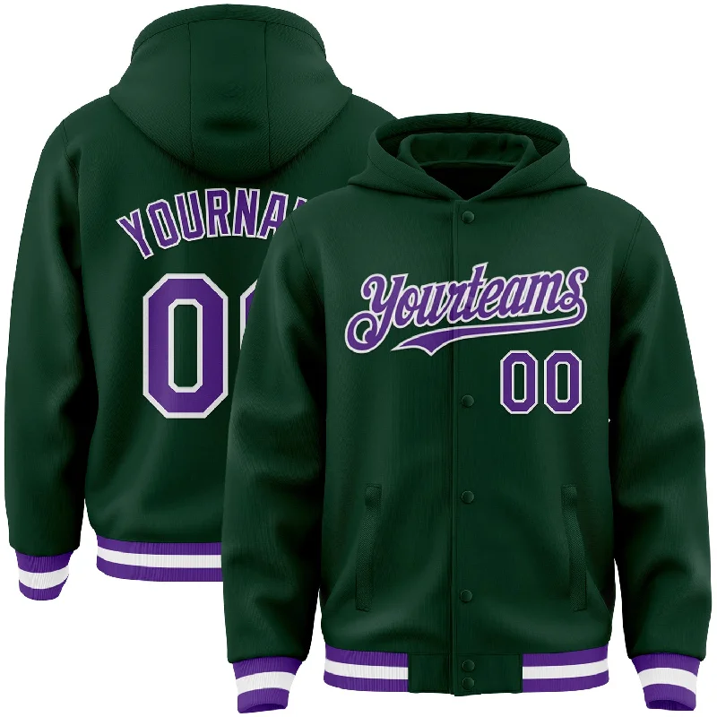 Fishing reel durable spool-Custom Green Purple-White Bomber Full-Snap Varsity Letterman Hoodie Jacket