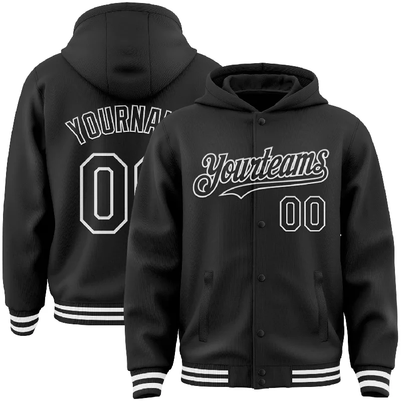 Fishing line durable cast-Custom Black White Bomber Full-Snap Varsity Letterman Hoodie Jacket