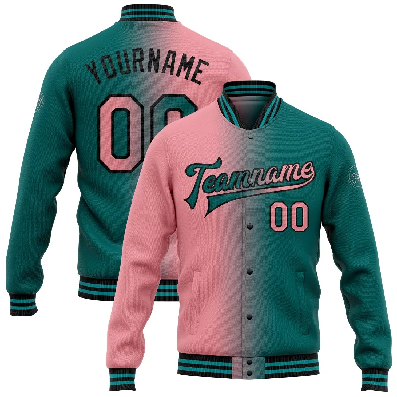 Fishing tackle stackable case-Custom Teal Medium Pink-Black Bomber Full-Snap Varsity Letterman Gradient Fashion Jacket