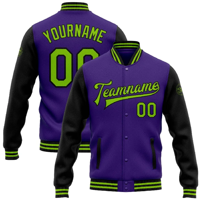 Fishing rod quick strap-Custom Purple Neon Green-Black Bomber Full-Snap Varsity Letterman Two Tone Jacket