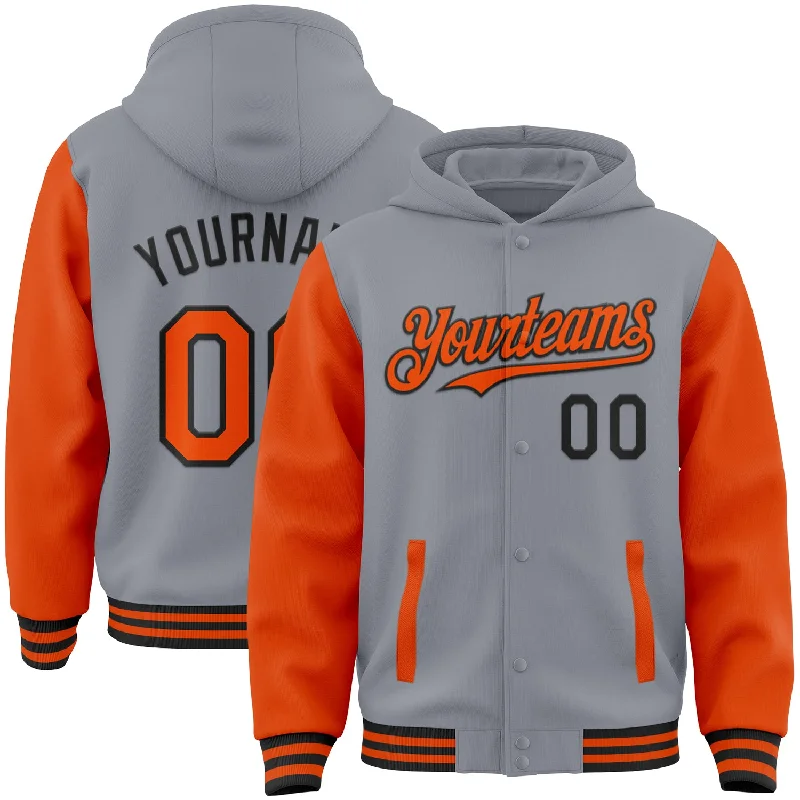 Fishing line durable grip-Custom Gray Orange-Black Bomber Full-Snap Varsity Letterman Two Tone Hoodie Jacket