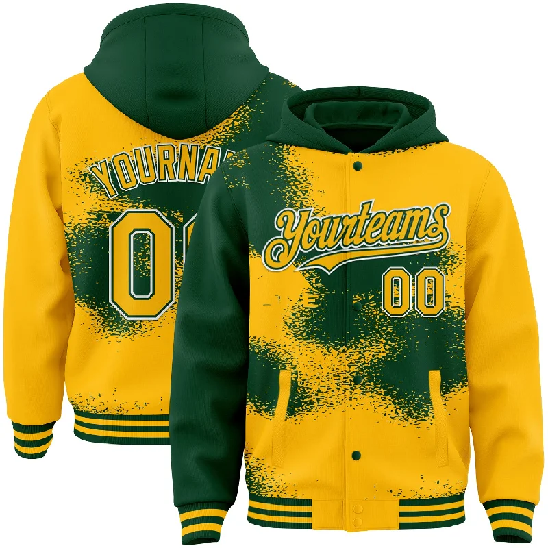 Fishing rod telescopic mount-Custom Gold Green-White Abstract Color Blocks Fragment Art 3D Pattern Design Bomber Full-Snap Varsity Letterman Hoodie Jacket