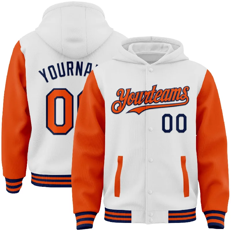 Fishing rod heavy mount-Custom White Orange-Navy Bomber Full-Snap Varsity Letterman Two Tone Hoodie Jacket