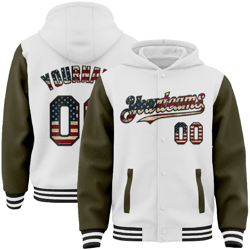 Fishing reel quick drag-Custom White Vintage USA Flag Olive-Black Bomber Full-Snap Varsity Letterman Two Tone Hoodie Jacket