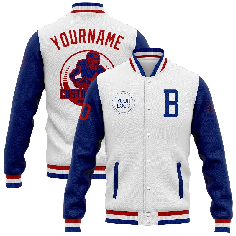 Fishing line durable power-Custom White Royal-Red Bomber Full-Snap Varsity Letterman Two Tone Jacket