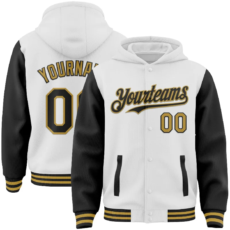 Fishing tackle soft pouch-Custom White Black-Old Gold Bomber Full-Snap Varsity Letterman Two Tone Hoodie Jacket