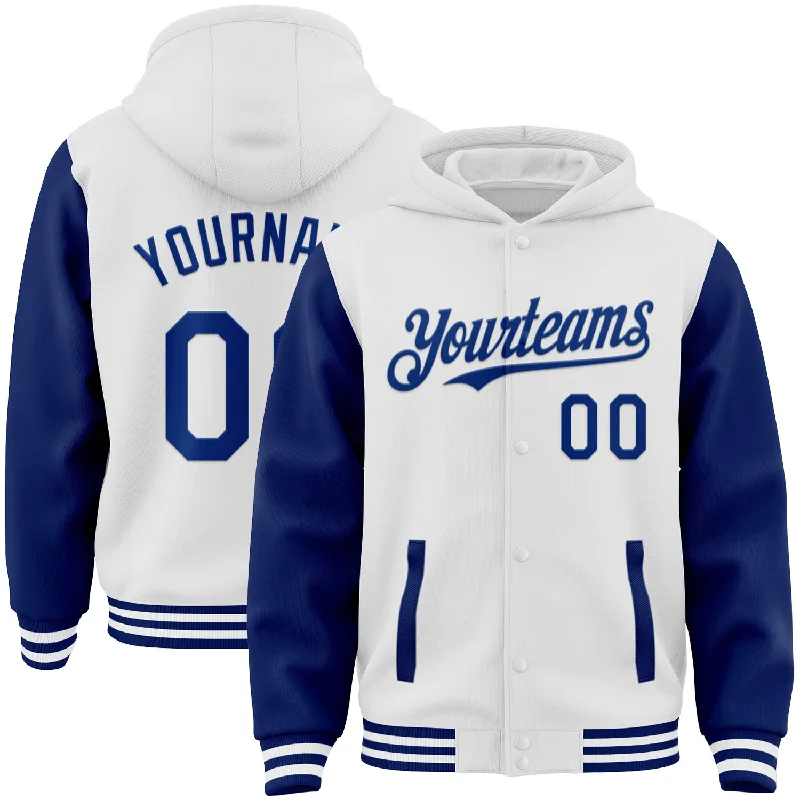 Fishing rod boat rack-Custom White Royal Bomber Full-Snap Varsity Letterman Two Tone Hoodie Jacket