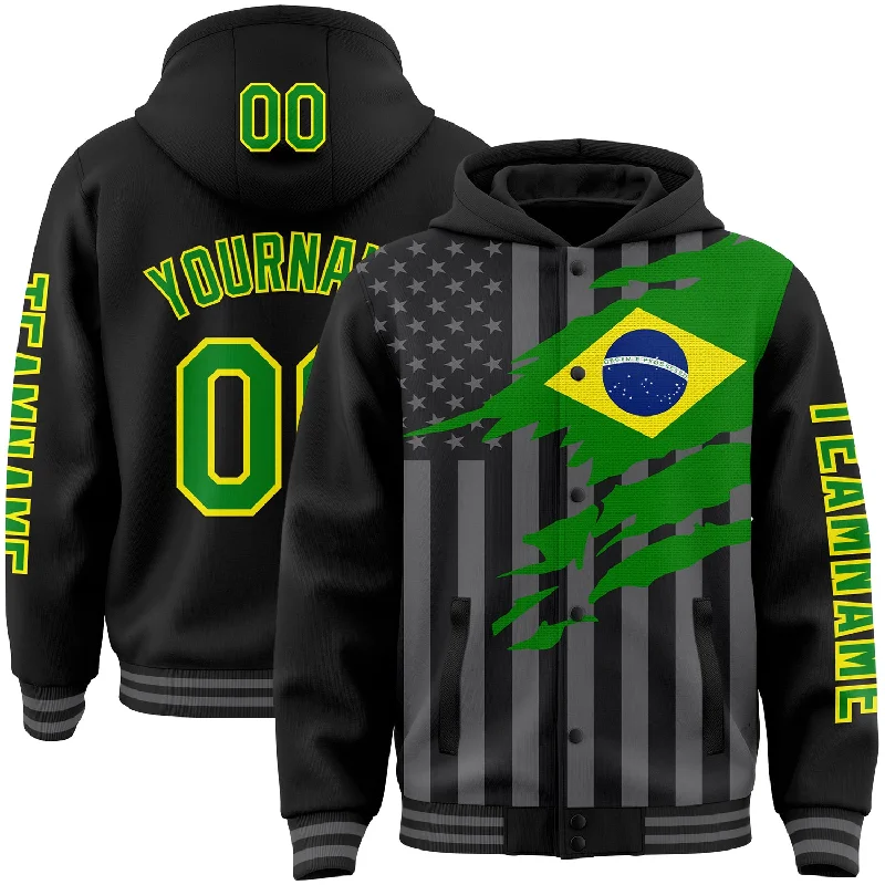 Fishing rod heavy rack-Custom Black Grass Green Light Yellow-Gray Brasil Brazilian Flag 3D Bomber Full-Snap Varsity Letterman Hoodie Jacket