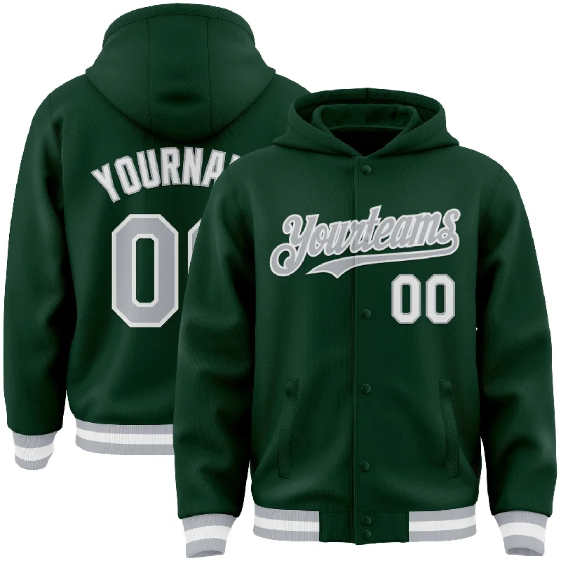 Fishing rod compact combo-Custom Green Gray-White Bomber Full-Snap Varsity Letterman Hoodie Jacket