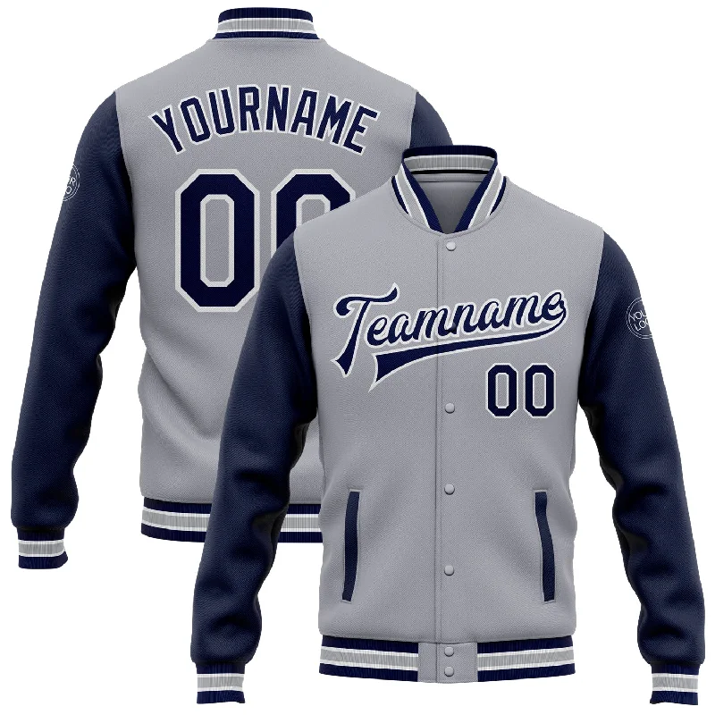 Fishing line low profile-Custom Gray Navy-White Bomber Full-Snap Varsity Letterman Two Tone Jacket