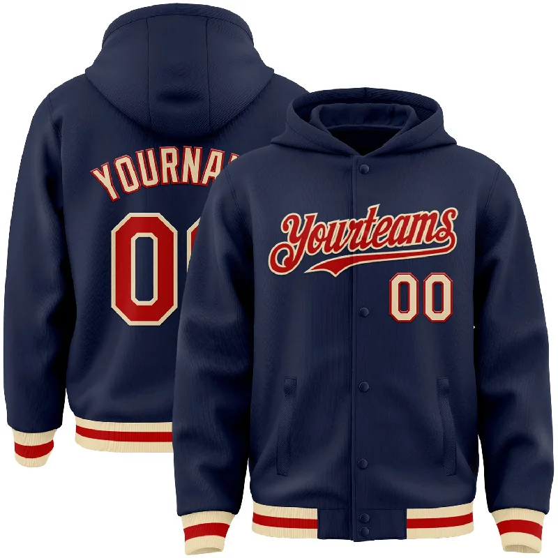 Fishing tackle carry strap-Custom Navy Red-Cream Bomber Full-Snap Varsity Letterman Hoodie Jacket