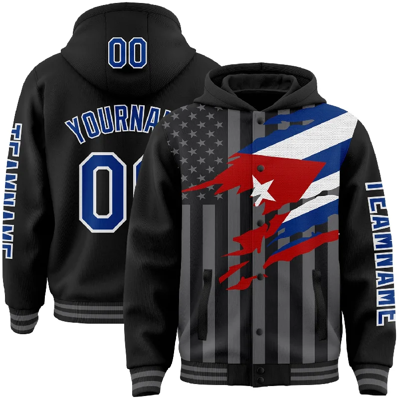 Fishing hook rust shield-Custom Black Royal-Gray Cuba Cuban Flag 3D Bomber Full-Snap Varsity Letterman Hoodie Jacket