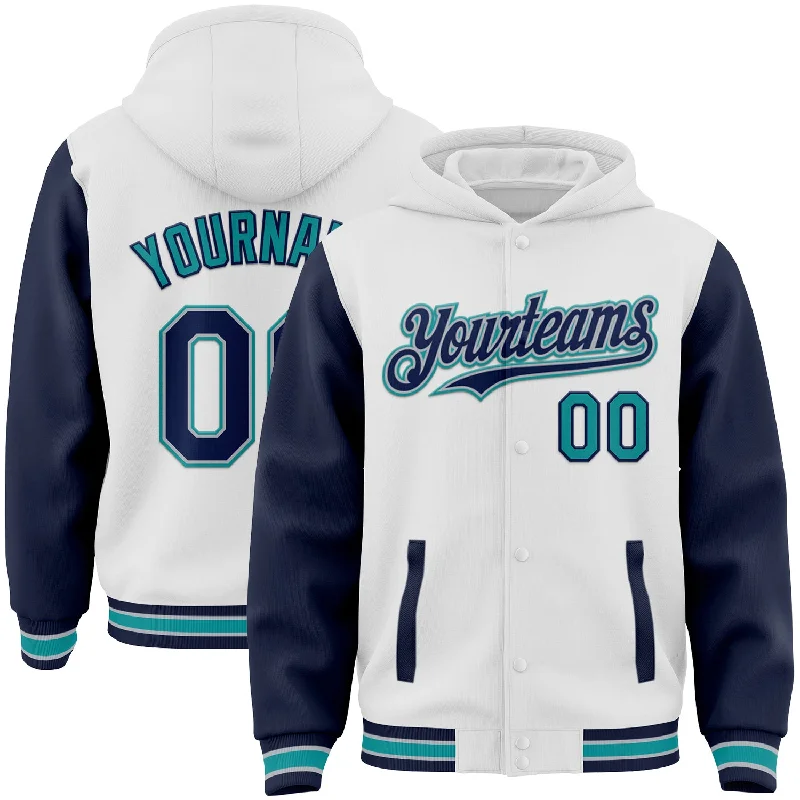 Fishing tackle side carry-Custom White Navy Gray-Teal Bomber Full-Snap Varsity Letterman Two Tone Hoodie Jacket