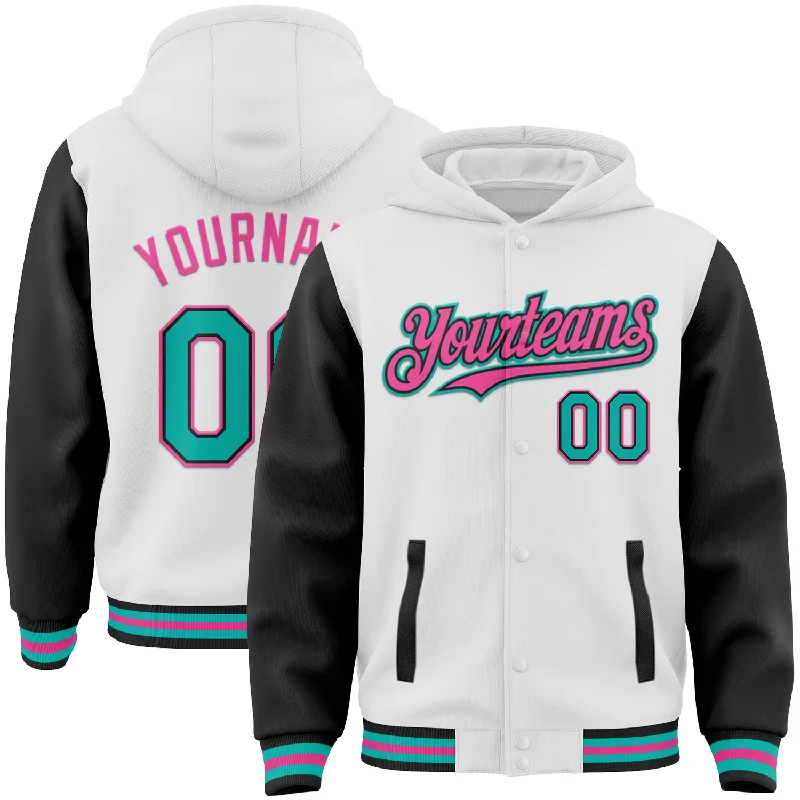 Fishing rod surf mount-Custom White Aqua Black-Pink Bomber Full-Snap Varsity Letterman Two Tone Hoodie Jacket