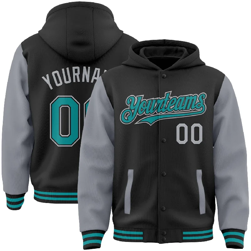 Fishing reel high drag-Custom Black Teal-Gray Bomber Full-Snap Varsity Letterman Two Tone Hoodie Jacket