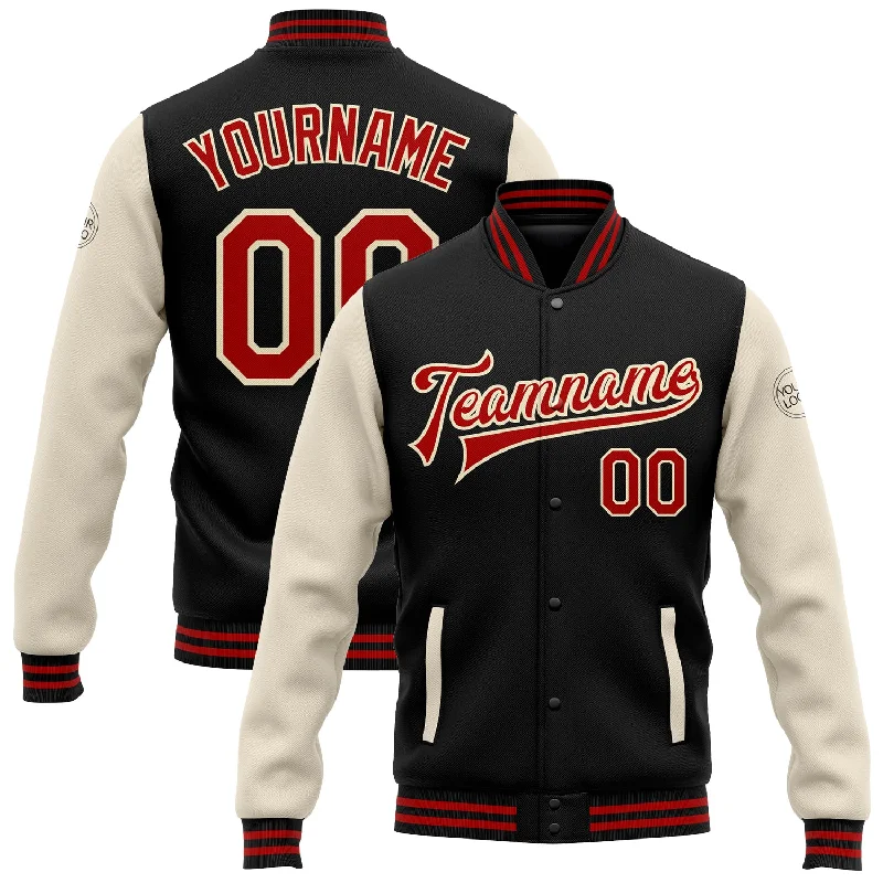 Fishing reel fast drag-Custom Black Red-Cream Bomber Full-Snap Varsity Letterman Two Tone Jacket