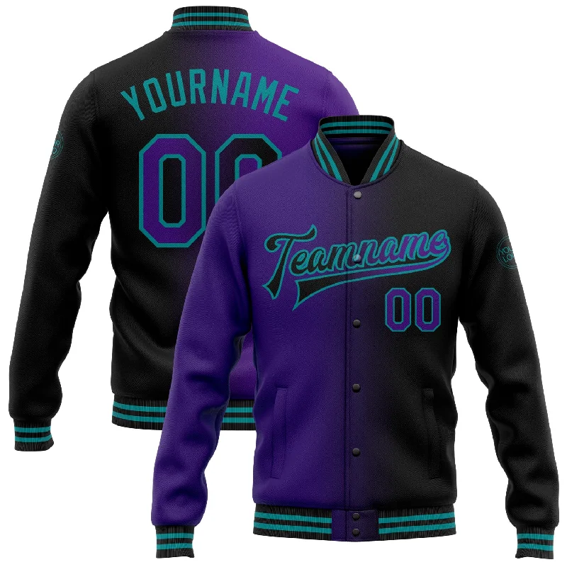 Fishing bait scent jar-Custom Black Purple-Teal Bomber Full-Snap Varsity Letterman Gradient Fashion Jacket