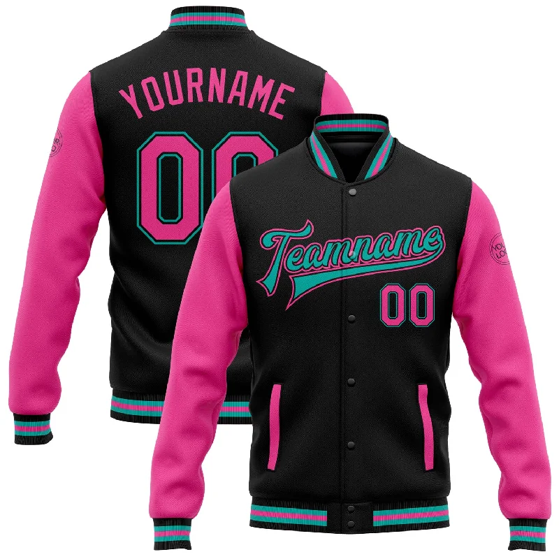 Fishing tackle utility case-Custom Black Pink-Aqua Bomber Full-Snap Varsity Letterman Two Tone Jacket