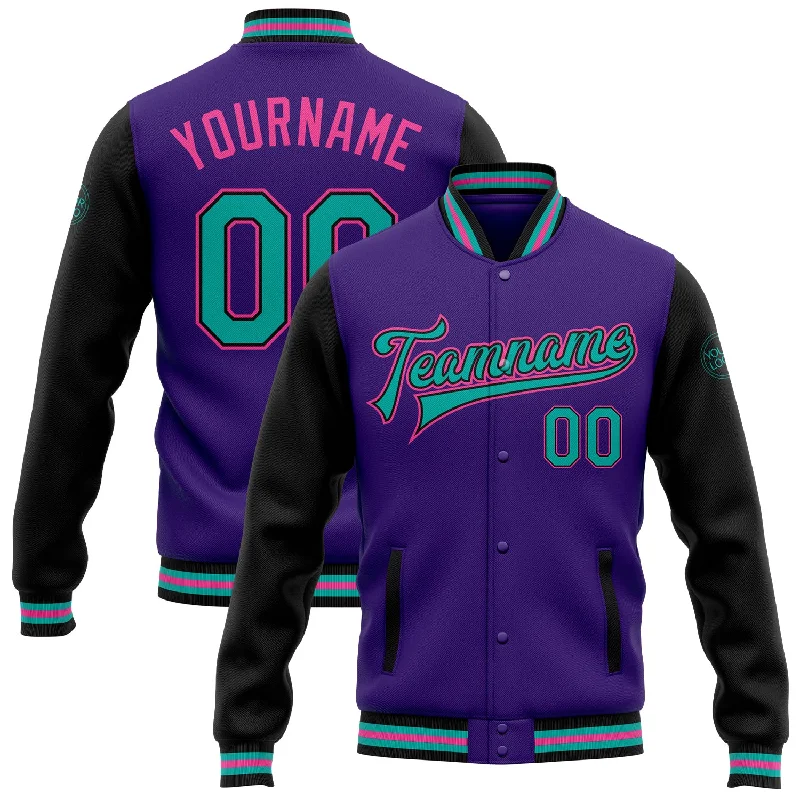 Fishing rod boat strap-Custom Purple Aqua Black-Pink Bomber Full-Snap Varsity Letterman Two Tone Jacket