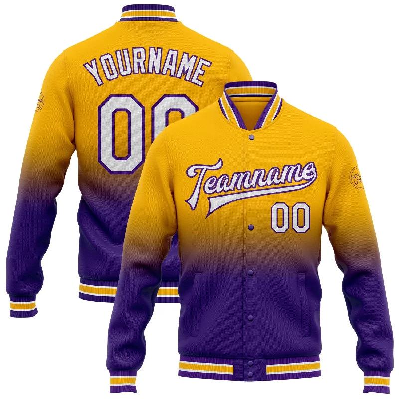 Fishing rod surf casting-Custom Gold White-Purple Bomber Full-Snap Varsity Letterman Fade Fashion Jacket