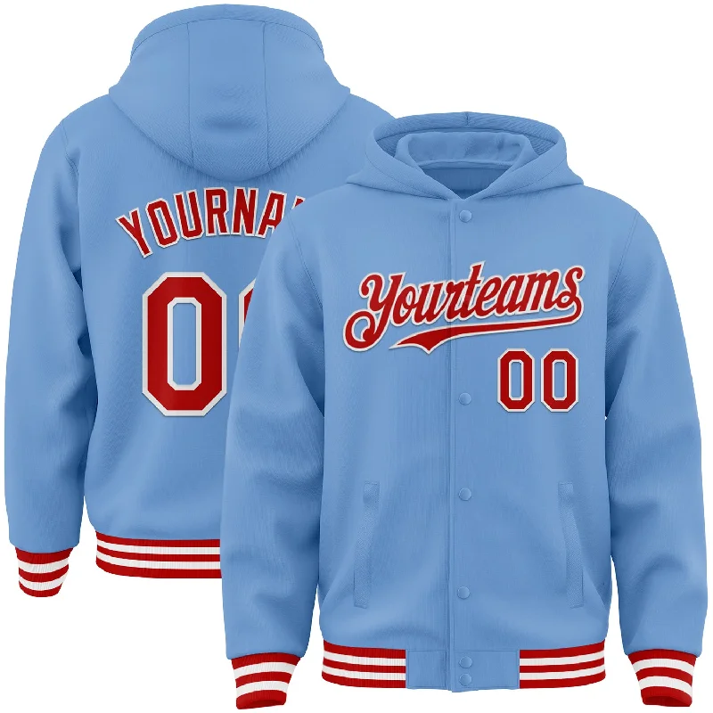 Fishing reel low grip-Custom Light Blue Red-White Bomber Full-Snap Varsity Letterman Hoodie Jacket