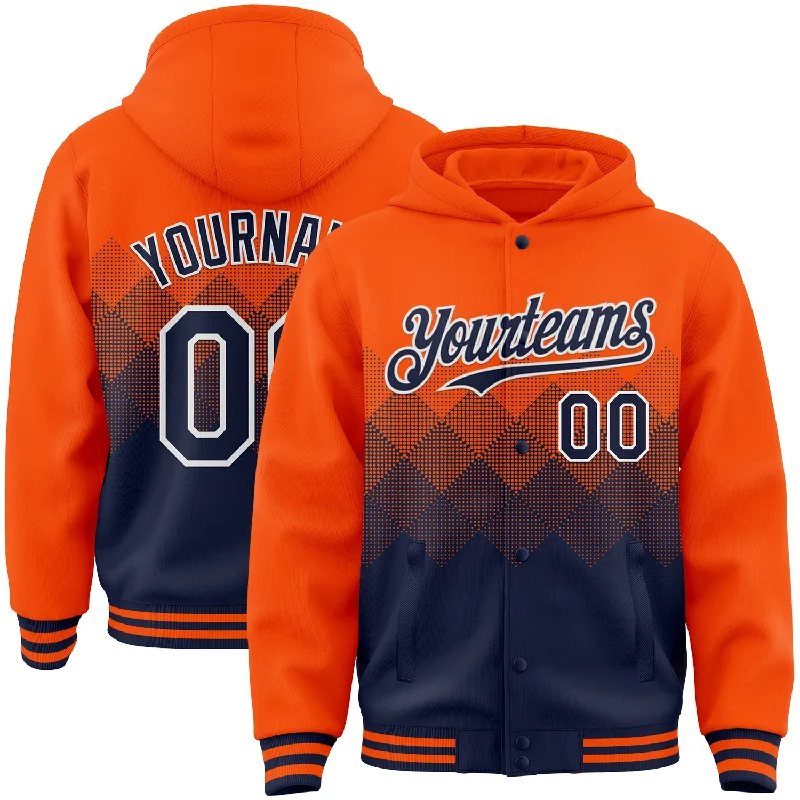 Fishing bait mixing bag-Custom Orange Navy-White Gradient Square Shape 3D Pattern Design Bomber Full-Snap Varsity Letterman Hoodie Jacket